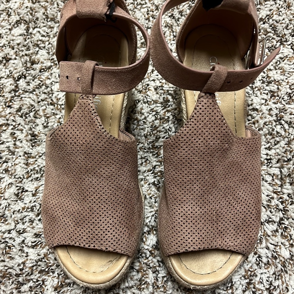 Wedges, dark tan/pink, ankle strap, size 6 1/2